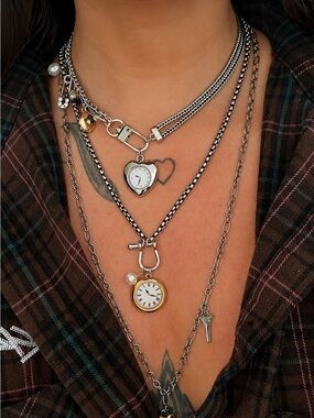 Silver Layered Charm Watch Necklace - Boho Jewelry